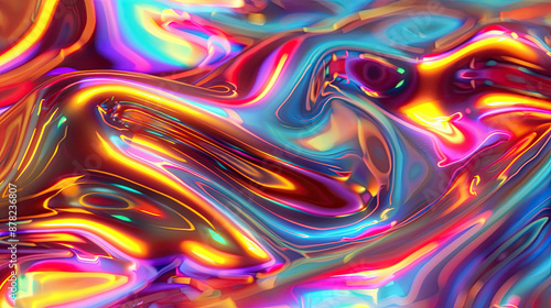 Abstract Fluid Iridescent Holographic Neon Curved Wake in Motion Colorful Background: 3D Render, Dynamic Visual Effect, Futuristic Design