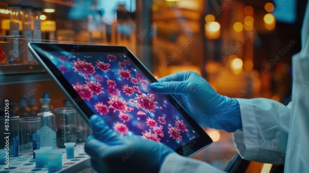 Researching Virus Mutation Patterns: Close-Up of Scientist Holding Digital Tablet Displaying Molecular Changes Researching Virus Mutation Patterns: Close-Up of Scientist Holding Digital Tablet Displaying Molecular Changes