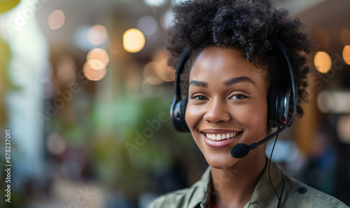 Smiling young Black female call center representative with a headset in a brightly lit office