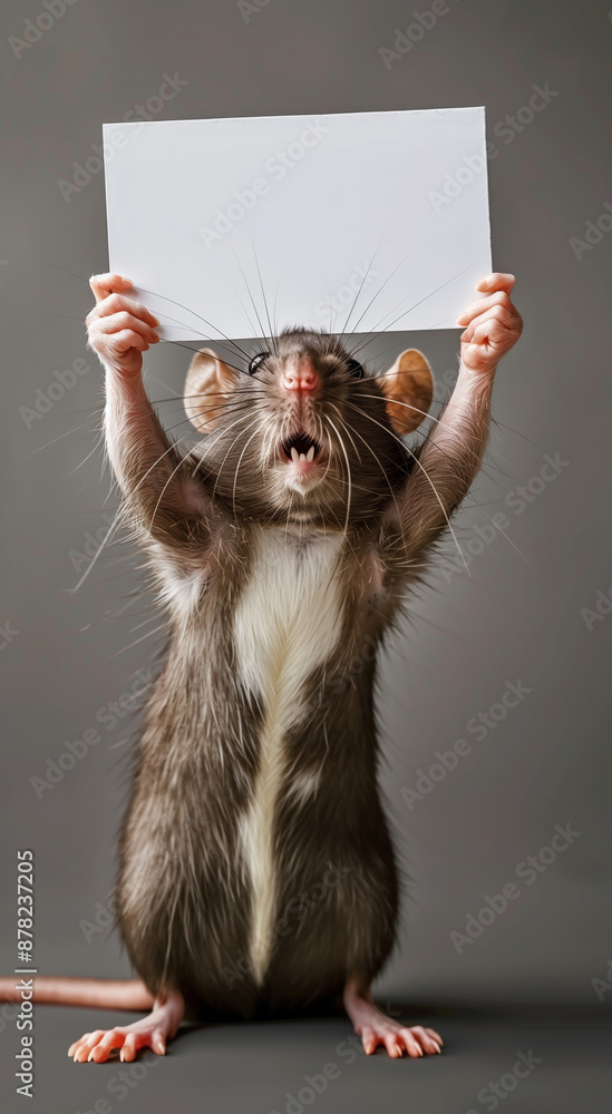A cute rat holding up a blank white sign with both paws against a gray background A cute rat holding up a blank white sign with both paws against a gray background