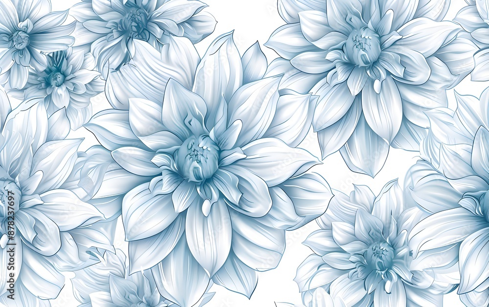 A seamless pattern of delicate line art dahlia flowers, their petals outlined in soft blue lines on an off-white background. The design is elegant and minimalist with each flower detailed yet simple A seamless pattern of delicate line art dahlia flowers, their petals outlined in soft blue lines on an off-white background. The design is elegant and minimalist with each flower detailed yet simple