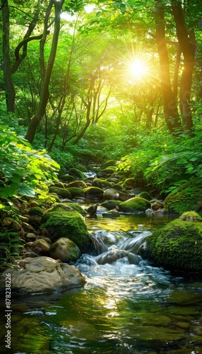 Sunlight filtering through lush trees onto tranquil river in serene forest setting