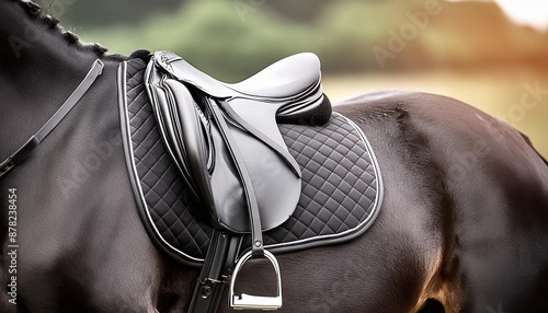 A close-up of a horse saddle and stirrups.