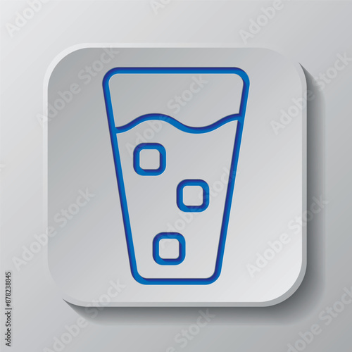 Glass and ice cube simple icon vector. Flat design. Paper cut design. Cutted blue symbol with shadow. Gray badge button, gray background