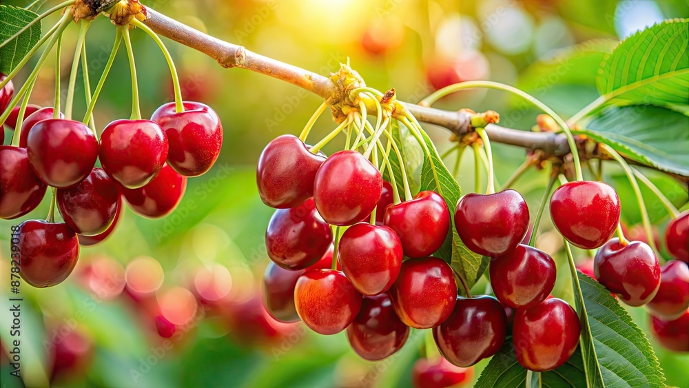 Ripe juicy sour cherries harvest on branches of cherry tree, sweet cherry background, cherry orchard close-up, cherry, ripe Ripe juicy sour cherries harvest on branches of cherry tree, sweet cherry background, cherry orchard close-up, cherry, ripe