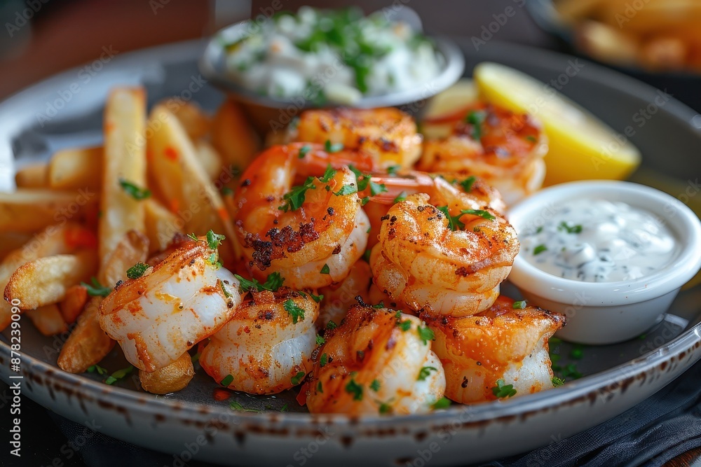 A plate of scampi and chips, with golden fried scampi, chunky chips, tartar sauce, and a wedge of lemon. A plate of scampi and chips, with golden fried scampi, chunky chips, tartar sauce, and a wedge of lemon.