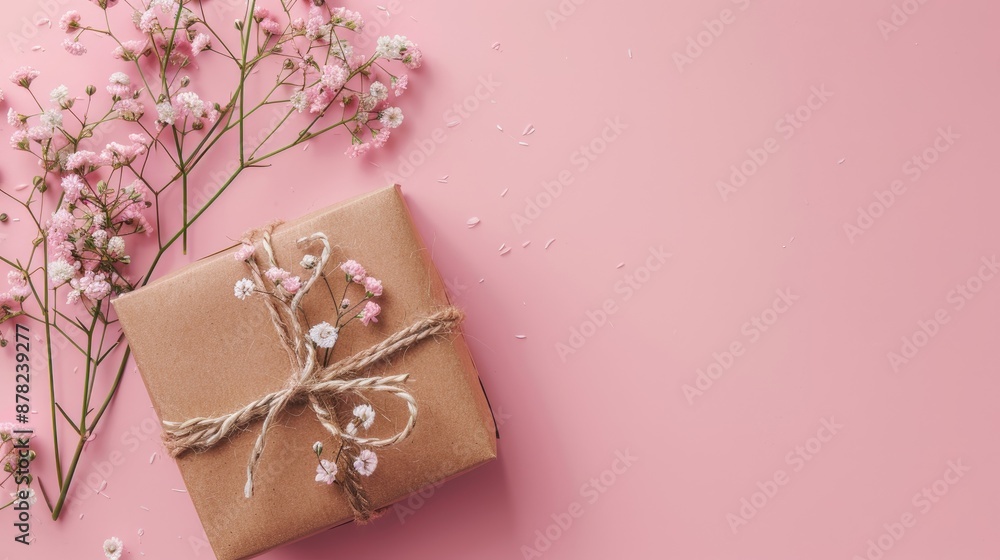 Mother s Day gift box in craft paper and hemp string on pink background Mother s Day gift box in craft paper and hemp string on pink background