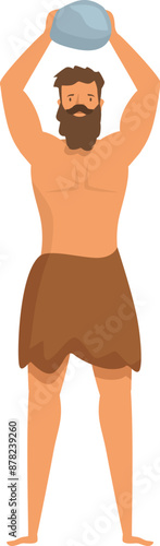Strong primitive caveman wearing loincloth lifting heavy rock over head