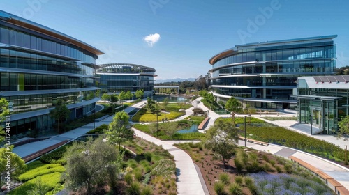 Design a cutting-edge tech company campus with sustainable architecture and green spaces. Use a palette of eco-friendly greens