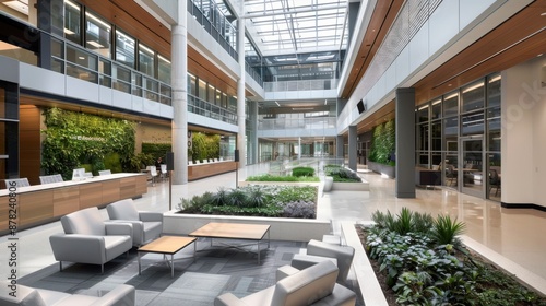 Design a cutting-edge tech company campus with sustainable architecture and green spaces. Use a palette of eco-friendly greens