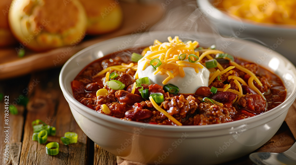 a steaming bowl of chili, topped with shredded cheese, sour cream, and green onions, served with cornbread muffins on a rustic wooden table a steaming bowl of chili, topped with shredded cheese, sour cream, and green onions, served with cornbread muffins on a rustic wooden table