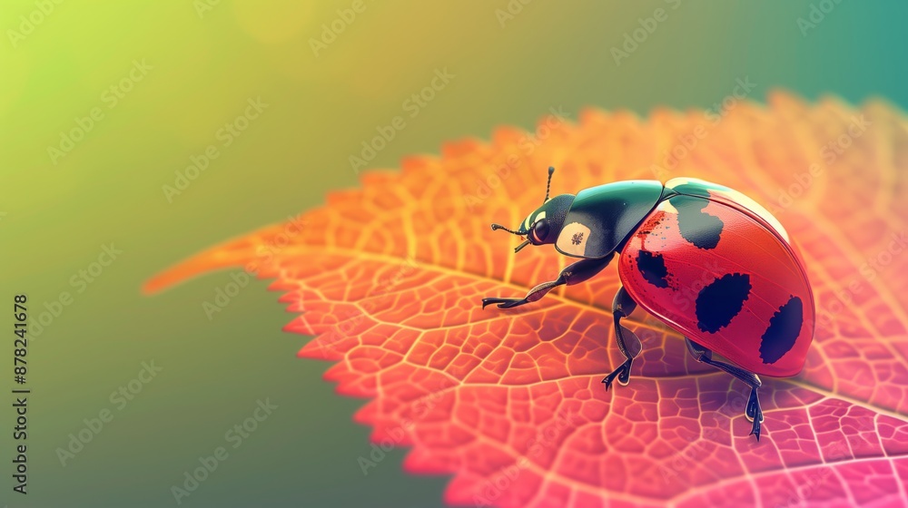 Fototapeta premium Macro scene featuring ladybug gradient leaf on surface dew drops use projects eco designs studies single texture in garden insect entomology forest