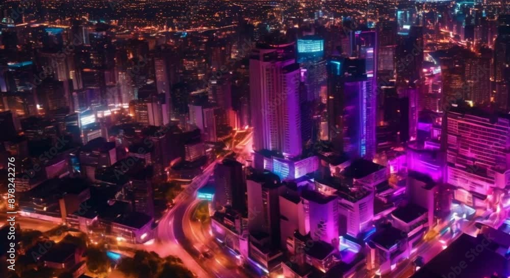 aerial view of futuristic night neon city Night hyperlapse business district aerial view of futuristic night neon city Night hyperlapse business district