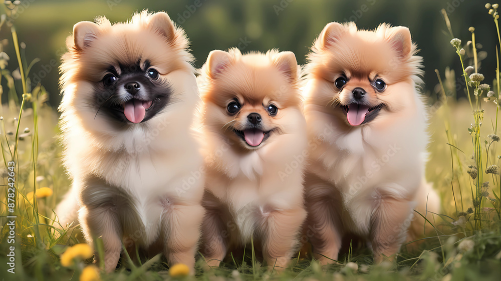 Pomeranian puppies pack on a meadow Pomeranian puppies pack on a meadow