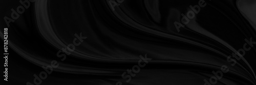 Black gray satin dark fabric texture luxurious shiny that is abstract silk cloth panorama background with patterns soft waves blur beautiful.