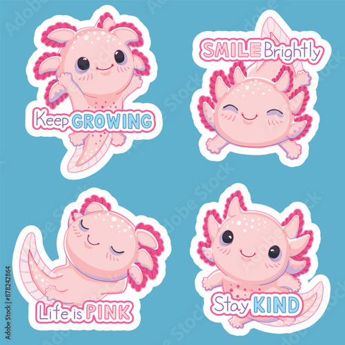 Cute happy kawaii axolotl illustration set with positive messages. Isolated vector designs suitable for stickers and T-shirts.