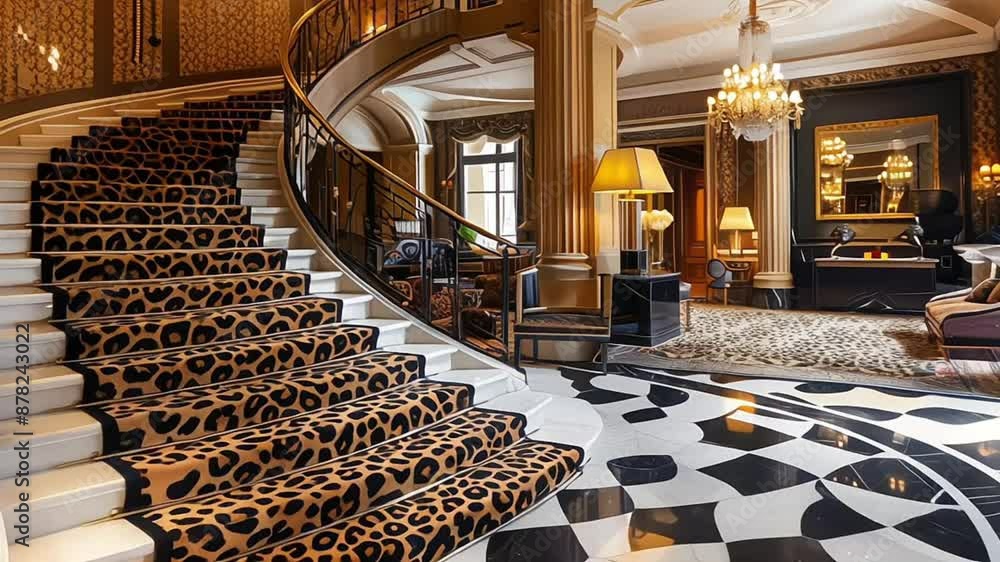 staircase with leopard animalistic print rug in the luxury hotel lobby ...