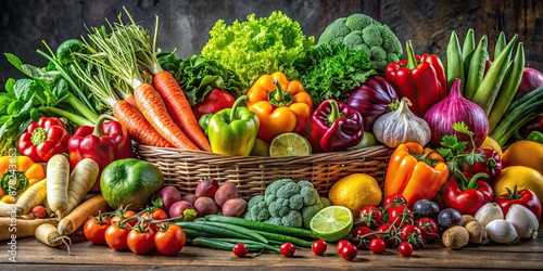 A vibrant food still life showcasing a colorful assortment of fresh vegetables, fruits, and herbs , fresh