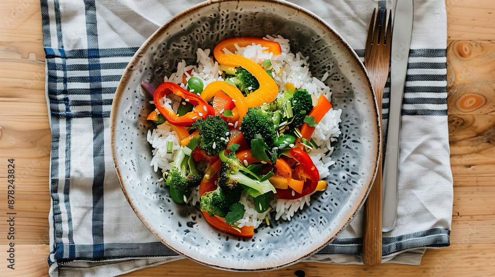 a colorful vegetable stir-fry with rice, featuring bell peppers, broccoli, and carrots, served in a simple yet stylish bowl on a minimalist dining table a colorful vegetable stir-fry with rice, featuring bell peppers, broccoli, and carrots, served in a simple yet stylish bowl on a minimalist dining table