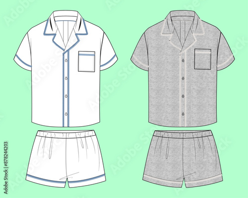 ladies nightwear revere shirt and shorts loungewear fashion illustration flat sketch vector. 