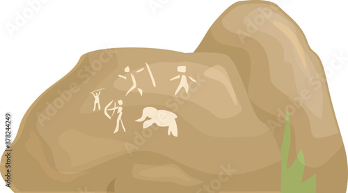 Big brown rock showing ancient cave paintings depicting a hunting scene