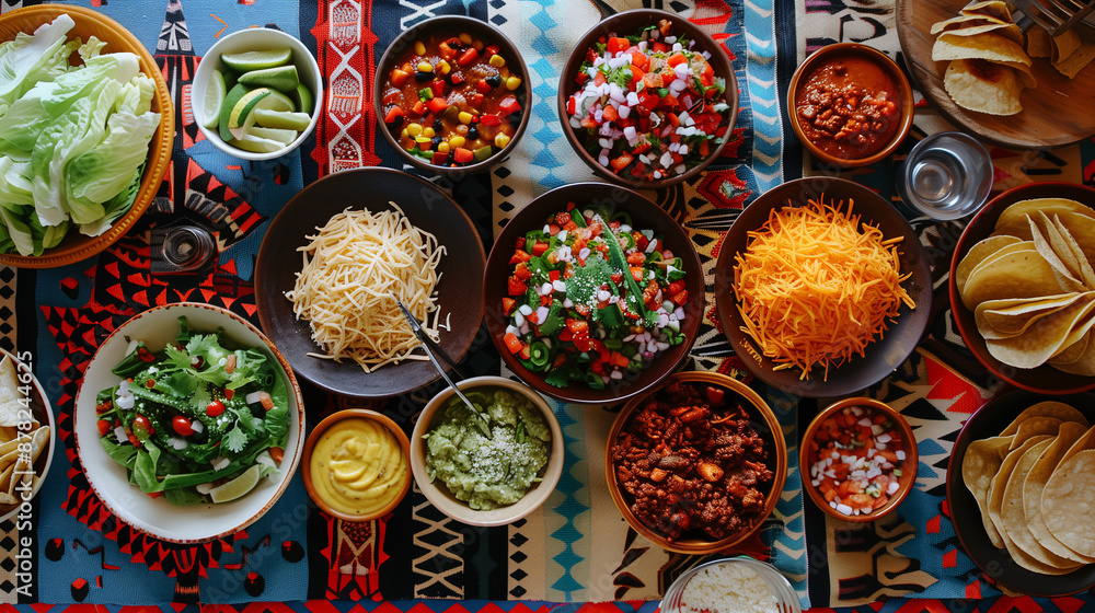 a family-style taco night setup, with various toppings like lettuce, cheese, salsa, and guacamole, all arranged on a colorful tablecloth a family-style taco night setup, with various toppings like lettuce, cheese, salsa, and guacamole, all arranged on a colorful tablecloth