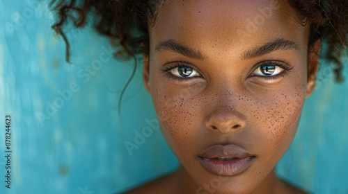 a closeup shot of a black woman, looking at camera, blue plain background, minimal retouching, serene face, high definition, raw style photography.