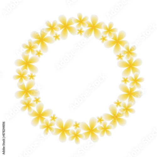 Wreath of Frangipani or plumeria flowers isolated on transparent background. Asian yellow flowers border in a round frame form. Vector illustration.