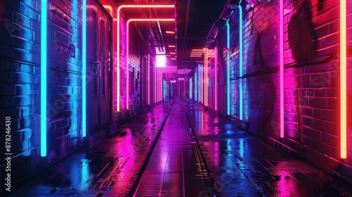 Futuristic tunnel neon-lit hallway with graffiti on the walls © saifur