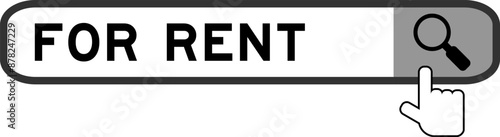 Search banner in word for rent with hand over magnifier icon on white background