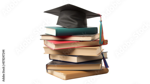 Stack of Textbooks with a Graduation Cap on transparent background