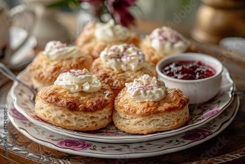 A plate of scones, served with clotted cream and strawberry jam, arranged on a floral plate. 