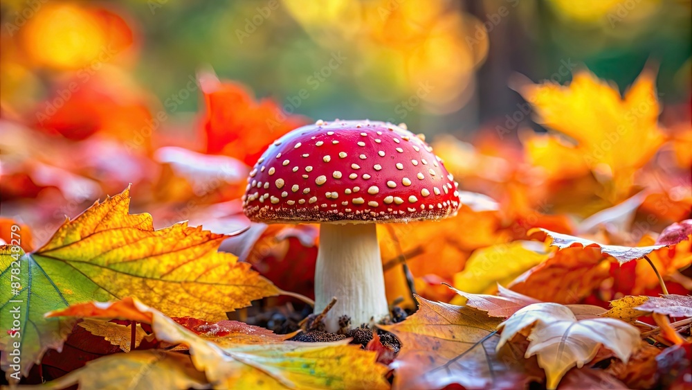 Mushroom with a vibrant red cap nestled among a bed of colorful autumn leaves, mushroom, red, cap, autumn, leaves, forest Mushroom with a vibrant red cap nestled among a bed of colorful autumn leaves, mushroom, red, cap, autumn, leaves, forest