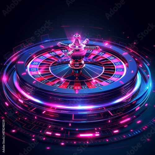 A colorful, glowing, and abstract image of a roulette wheel. The wheel is surrounded by a purple and pink glow, giving it a vibrant and energetic feel