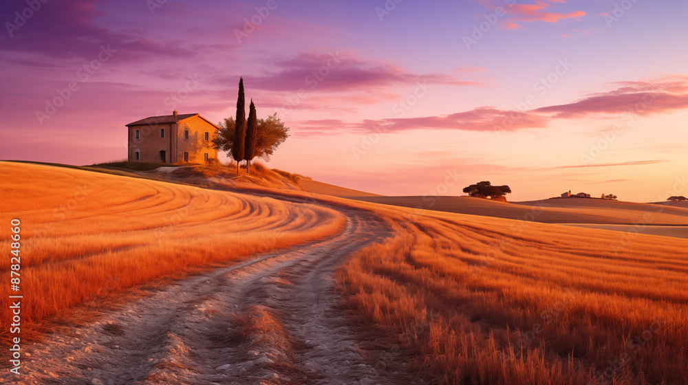 Obraz premium Golden Fields and a Country House at Dusk