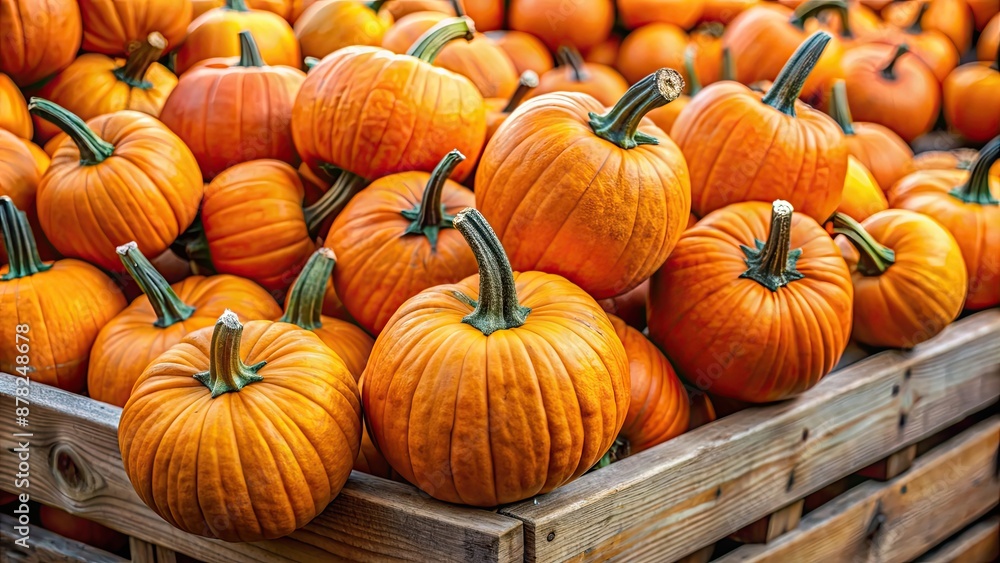 Close-up of a pile of fresh orange pumpkins in a crate, perfect for a seasonal Halloween background, pumpkins, harvest, autumn Close-up of a pile of fresh orange pumpkins in a crate, perfect for a seasonal Halloween background, pumpkins, harvest, autumn