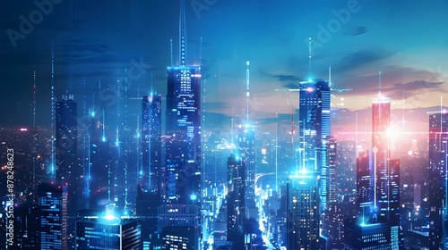 a futuristic city skyline, where buildings glow with energy-efficient lighting and smart sensors adjust energy usage in real-time, showcasing the power of energy efficiency