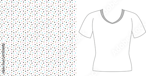 White t shirt outline next to a white background with small black and brown shapes scattered across it