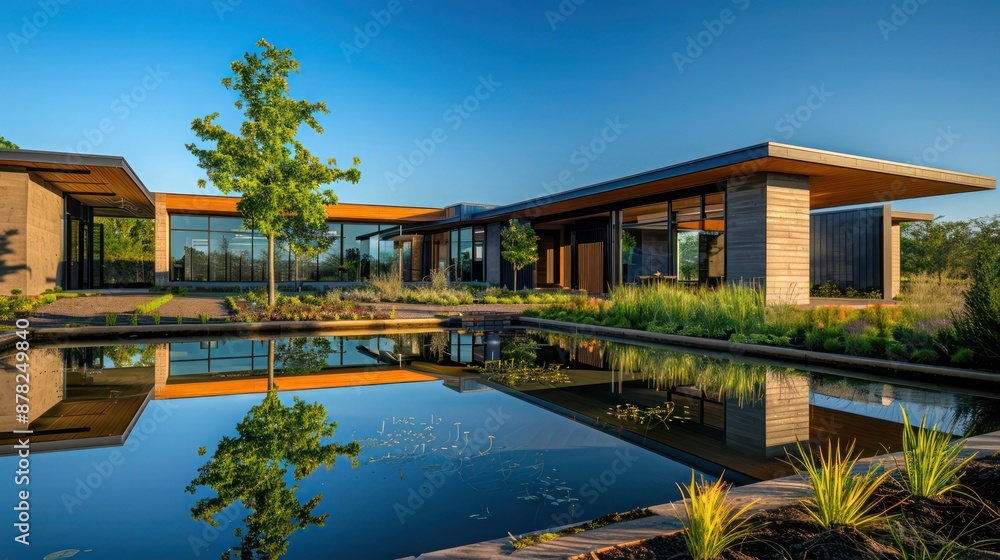 Fototapeta premium suburban farmhouse with a sleek modern design, featuring a reflective pond in the front yard under a clear blue sky