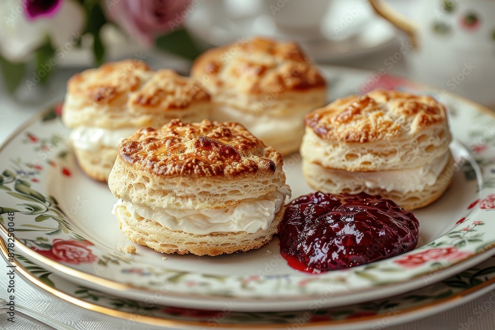 A plate of scones, served with clotted cream and strawberry jam, arranged on a floral plate. A plate of scones, served with clotted cream and strawberry jam, arranged on a floral plate.