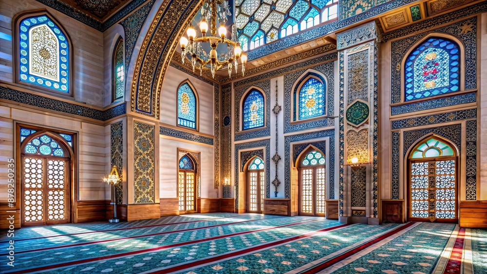 Obraz premium Mosque interior with intricate Islamic architecture and a room with a large window, mosque, interior