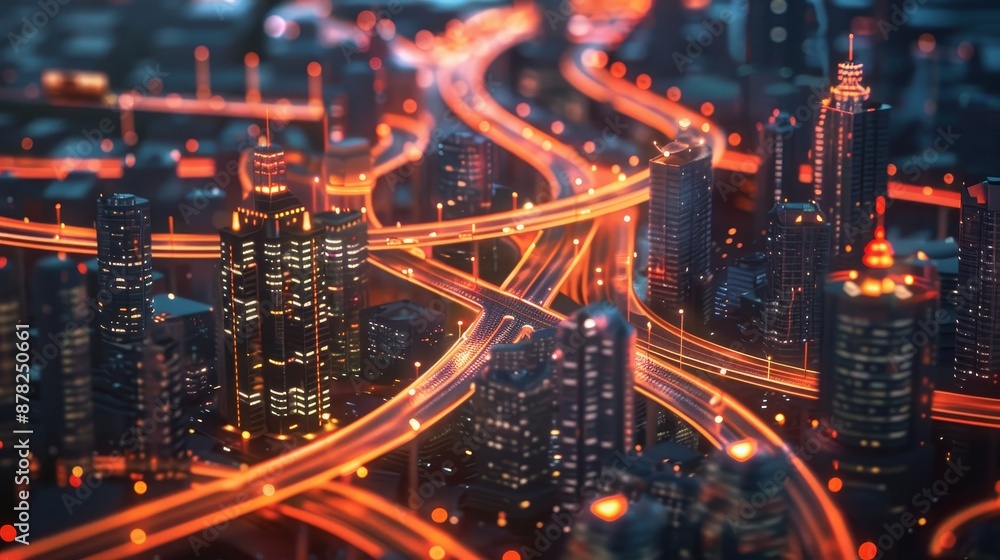 Aerial view of a futuristic city at night with glowing roads and buildings. Aerial view of a futuristic city at night with glowing roads and buildings.