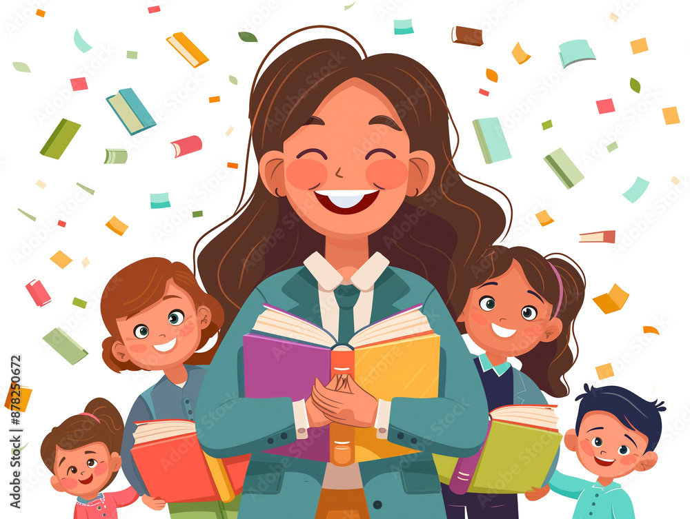 Woman teacher hug books with happy cute kids.