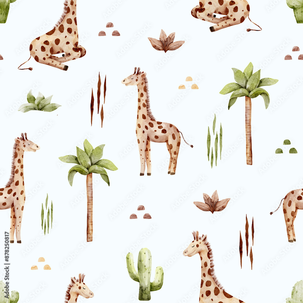 Ταπετσαρία watercolor seamless pattern, safari, giraffes and cacti, tropical background