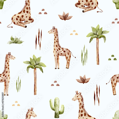 Photography watercolor seamless pattern, safari, giraffes and cacti, tropical background