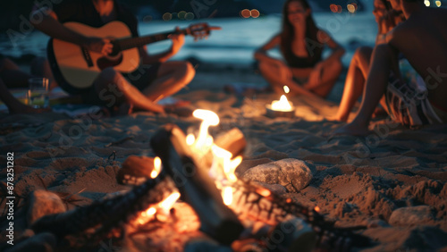 Friends near a bonfire on the beach at night, playing the guitar 