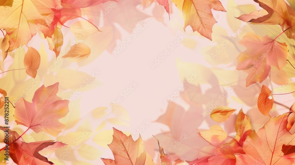 Soft faded illustration framed autumn leaves, seasonal poster with copy space. wide 16:9 for cards, posters, background and backdrops Soft faded illustration framed autumn leaves, seasonal poster with copy space. wide 16:9 for cards, posters, background and backdrops