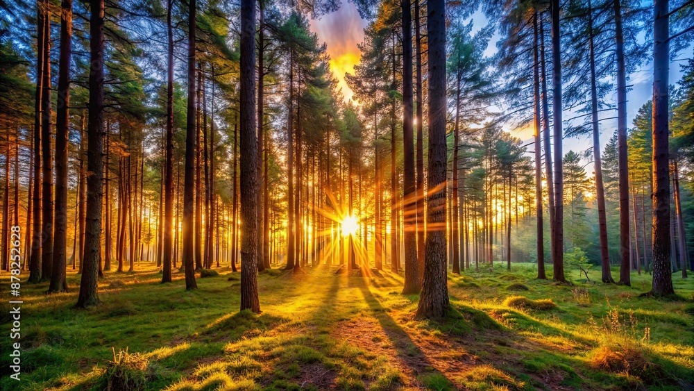 Obraz premium Vibrant sunset casting warm light through trees in a peaceful forest, sunset, forest, trees, vibrant, warm, light, peaceful