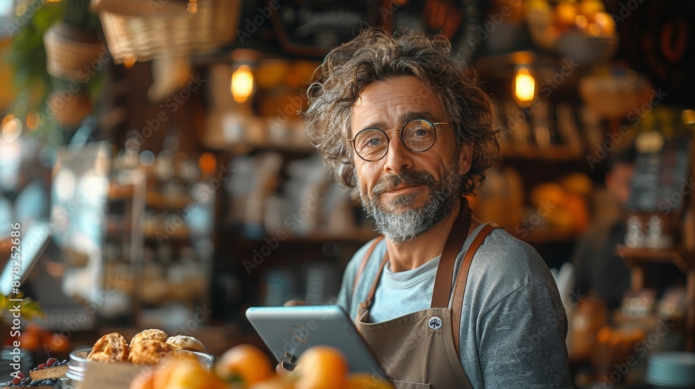 a restaurateur in a cafe in summer ordering on laptop, bright sunlight. a restaurateur in a cafe in summer ordering on laptop, bright sunlight.