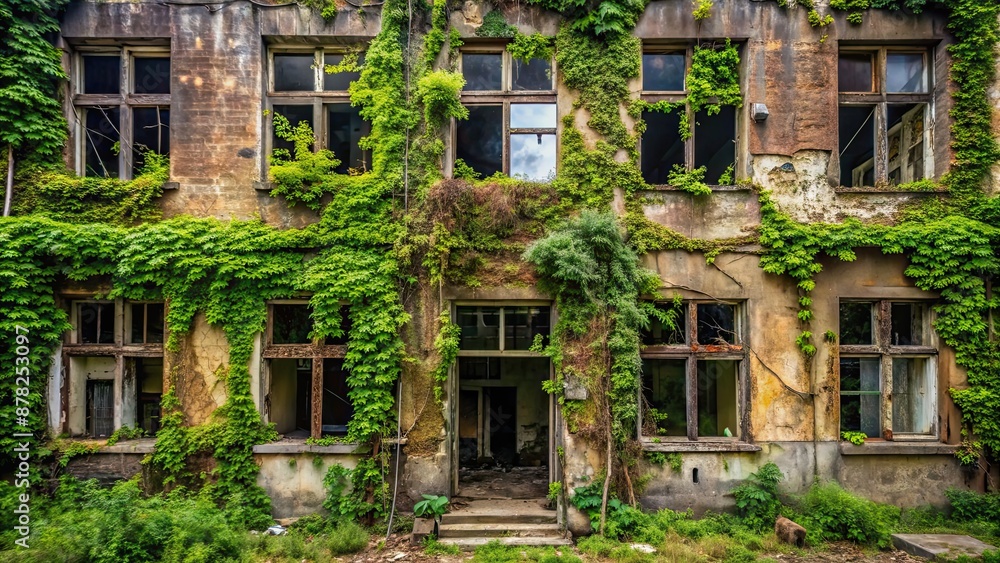 Abandoned building with broken windows and overgrown vines , derelict, unused, old, empty, decay, urban, dilapidated Abandoned building with broken windows and overgrown vines , derelict, unused, old, empty, decay, urban, dilapidated